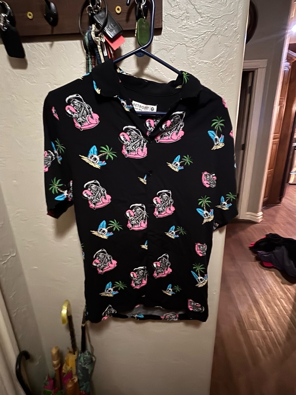 : Retrofit Grim Reaper Flamingo Hawaiian Shirt Men Medium Black